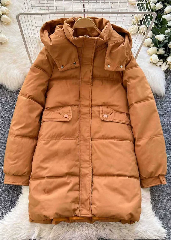 women's fur-trimmed parka -Simple Orange Hooded Zippered Pockets Parka Winter