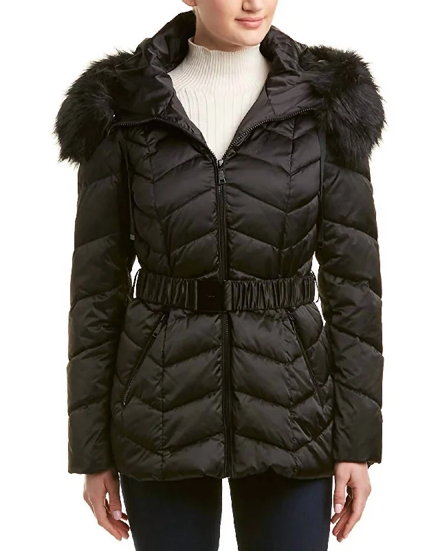 urban style cropped puffer jacket -Leon Faux Fur Trim Hood Belted Coat Short Jacket In Black