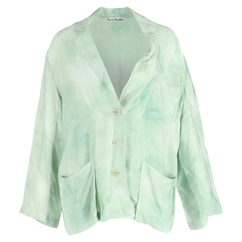 sleek satin bomber jacket for women -Acne Studios Marble Print Single-Breasted with Pockets Blazer in Green Cupro