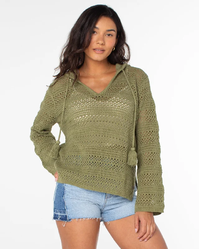 elegant embroidered top for women -Hippie Love Open Knit Hooded Sweater - Oil Green