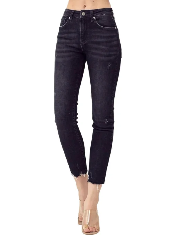 classic straight-fit jeans for women -Mid Rise Raw Hem Jeans In Black Denim