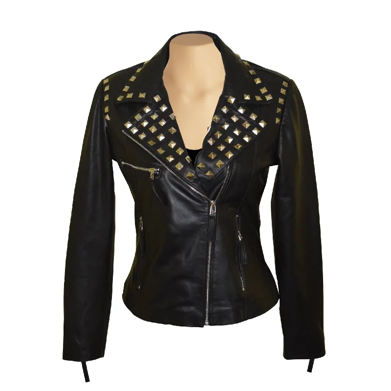 women's mid-length wool coat -Aliesha’s Biker Style Jacket With Studs