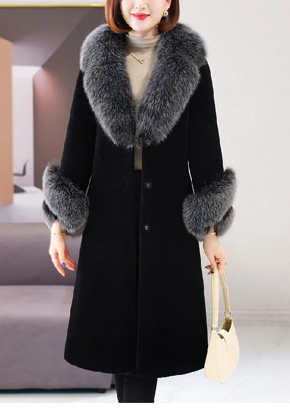 women's biker-style leather jacket -Beautiful Black V Neck Tie Waist Fuzzy Fur Long Coat Winter