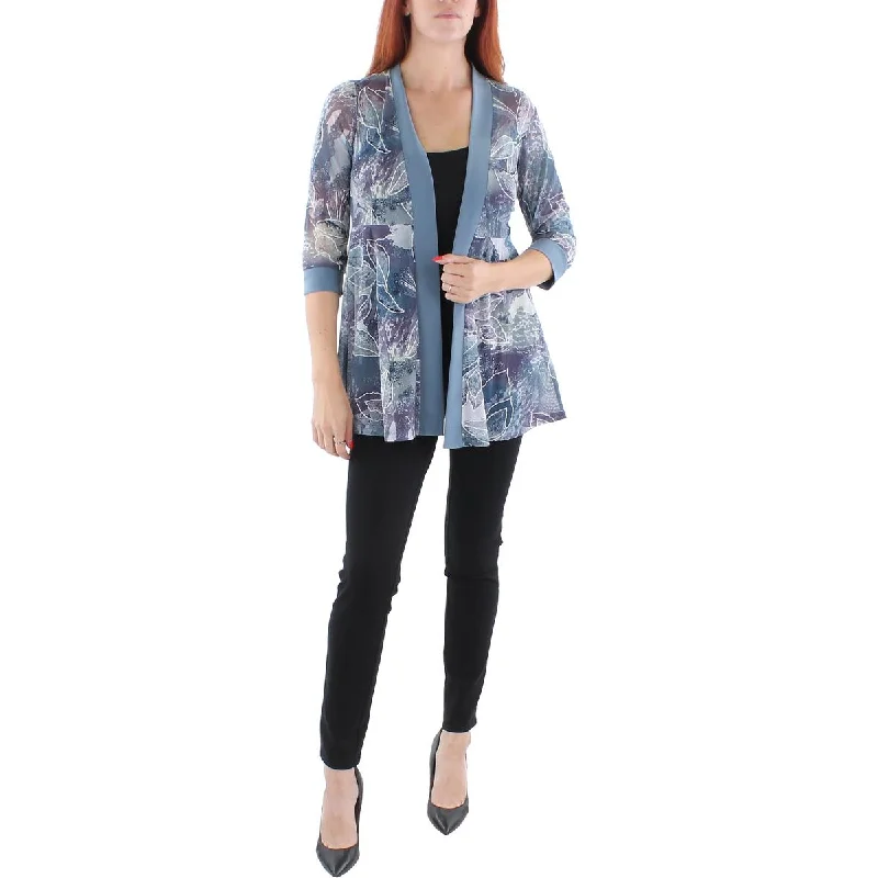 ladies' longline puffer coat -R&M Richards Womens Petites Mesh Printed Duster Blazer