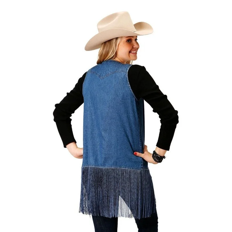 women's casual denim jacket -Roper Western Vest Womens Denim Fringe Open Blue 03-074-0594-6116 BU