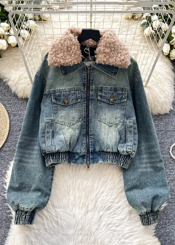 professional work blazer for women -Light Blue Zippered Cotton Filled Denim Coat Fur Collar Winter