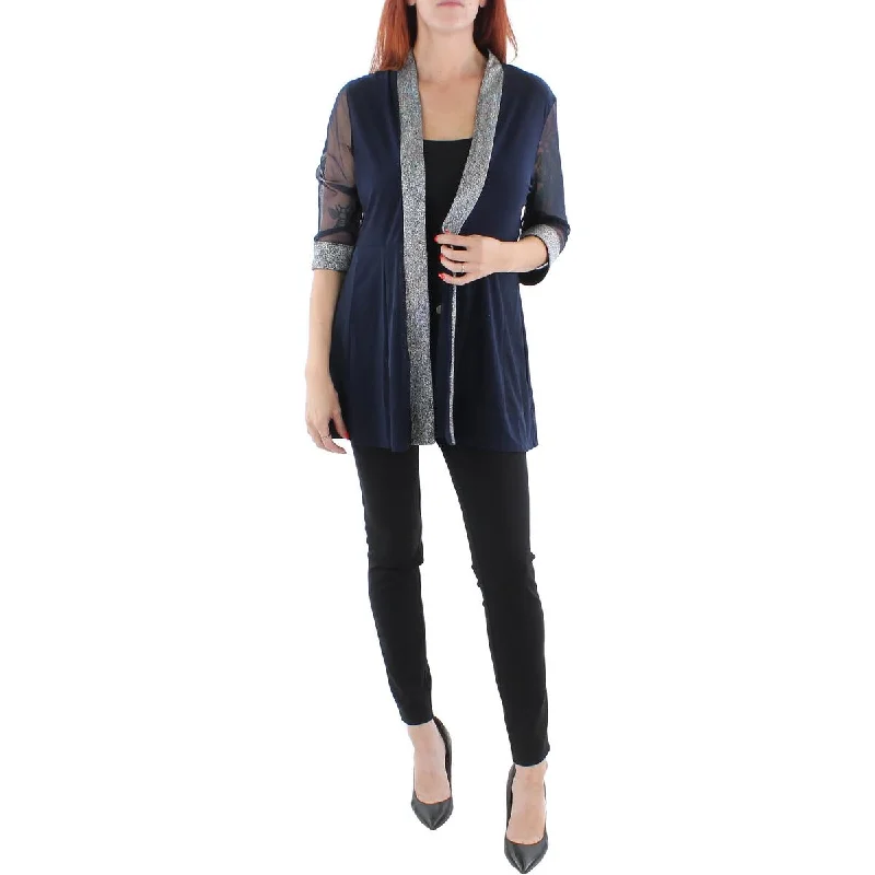 women's varsity bomber jacket -R&M Richards Womens Petites Mesh Inset Contrast Trim Duster Blazer