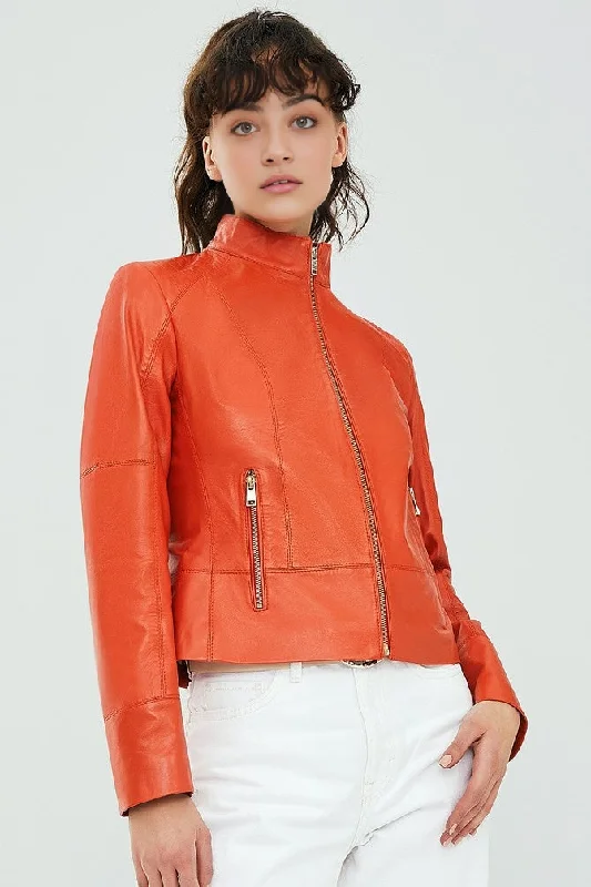 ladies' cashmere overcoat -Mariahkay Orange Leather Jacket For Women