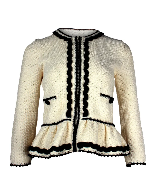 lightweight packable jacket for women -RED Valentino Ric-Rac Zip Peplum Jacket in White Cotton