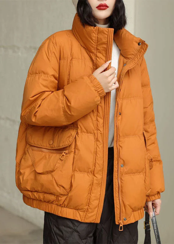 sleek satin bomber jacket for women -DIY Orange Stand Collar Zip Up Pockets Duck Down Jacket In Winter