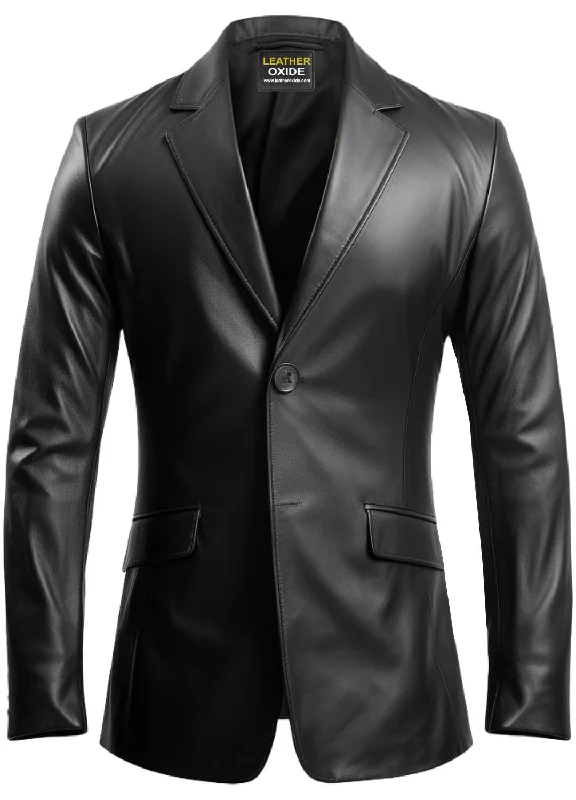 ladies' long hooded winter coat -Men Two Button Black Leather Blazer