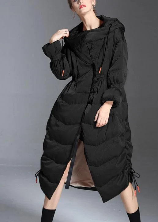 sleek minimalist coat for women -Trendy Black hooded drawstring slim fit Winter Duck Down down coat