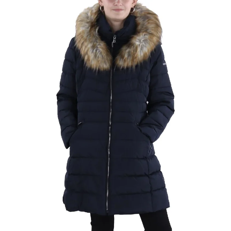 chic oversized blazer for women -Womens Faux Fur Trim Hooded Puffer Jacket