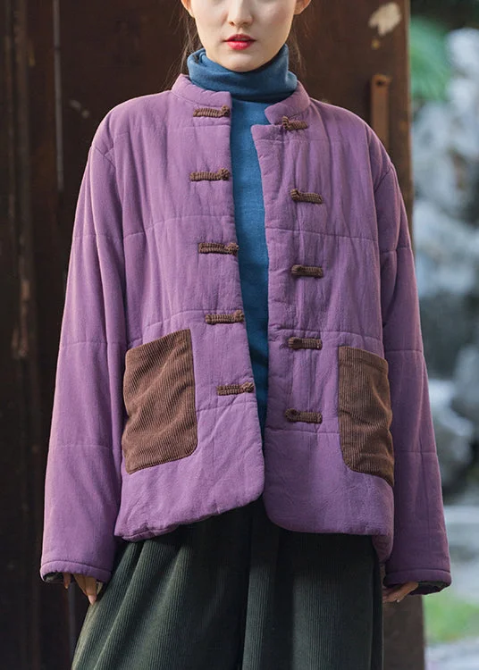 ladies' soft knit cardigan coat -Retro Purple Chinese Button Pockets Thick Parkas Winter