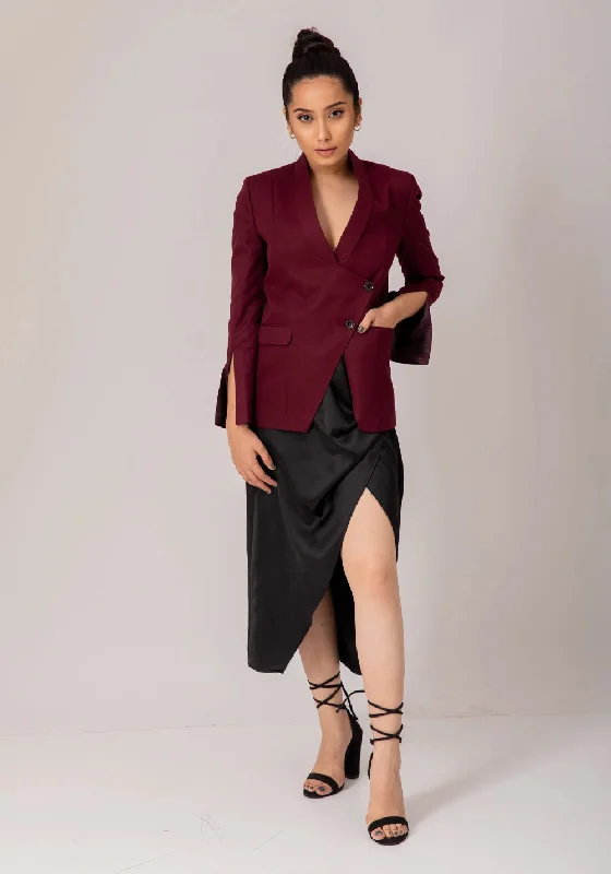 ladies' waterfall drape coat -Wine blazer