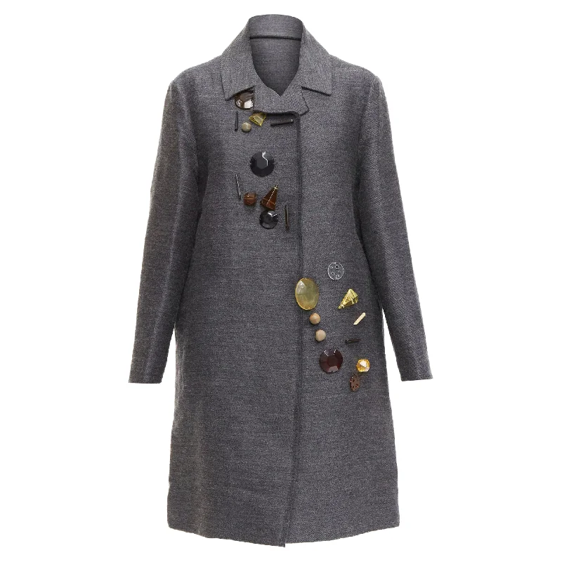 cozy oversized wrap coat for women -Marni Wool Geometric Beads Embellishment Trapeze Coat