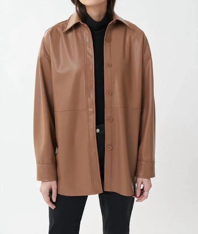 ladies' waterfall drape coat -Leatherette Jacket Style Shirt In Nutmeg