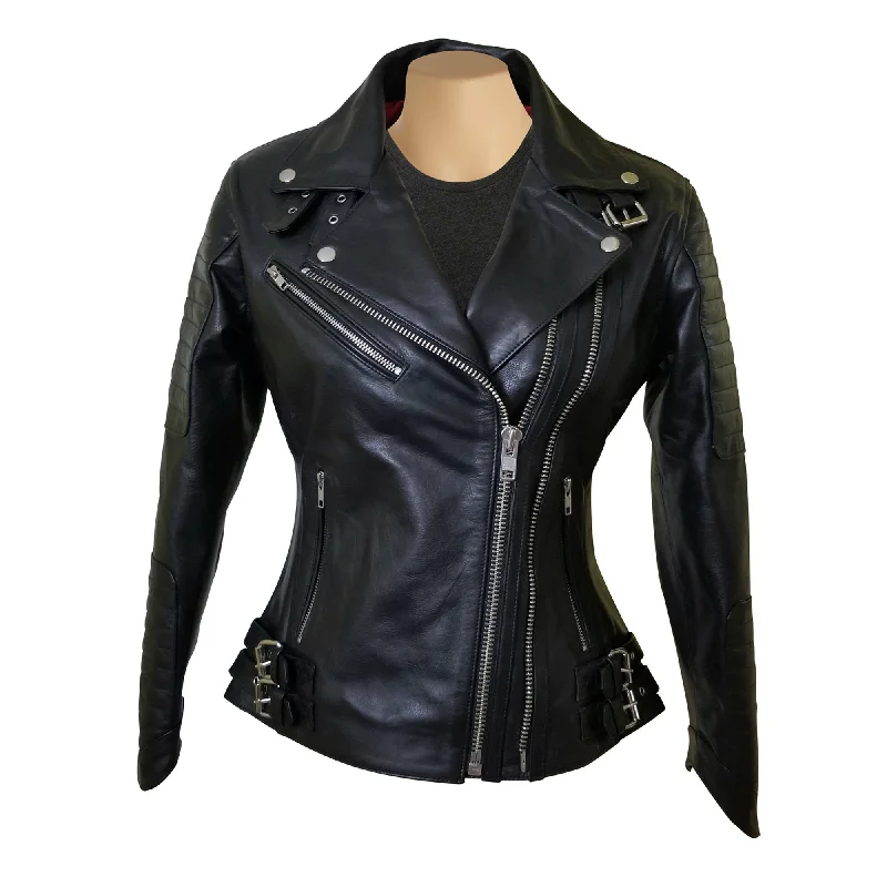 casual zip-up hoodie jacket for women -Miyah's double zipper leather jacket with ribbed stitching details