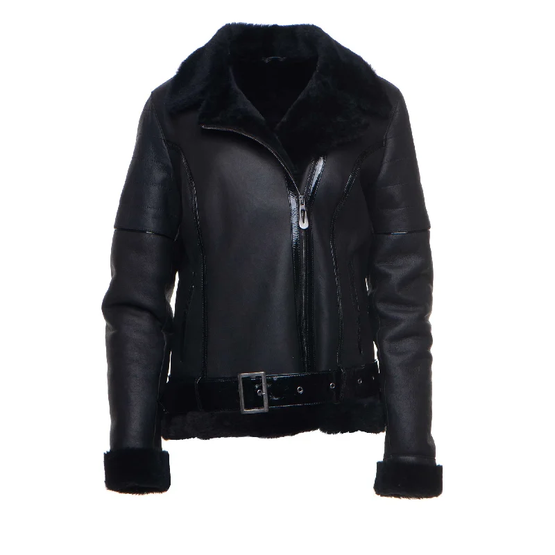 classic women's wool coat -Tasha’s Black Sheepskin Shearling B-3 Bomber Style Jacket