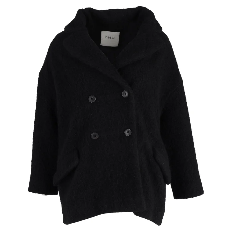 ladies' long hooded winter coat -Ba&Sh Gillie Double-Breasted Coat in Black Wool