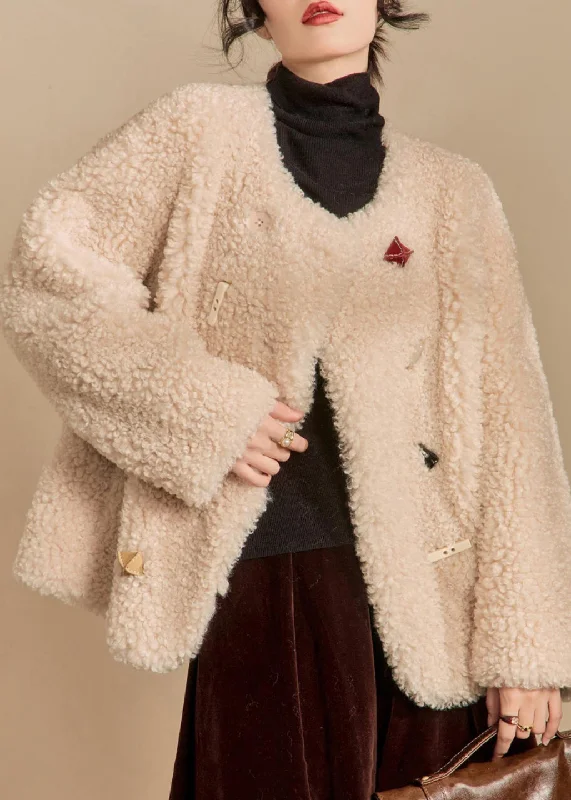 luxury faux fur coat for women -Loose Beige O Neck Button Teddy Faux Fur Coats Winter