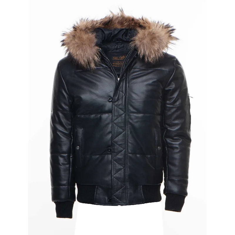 sustainable eco-friendly coat for women -Traynor's Puffer Winter Leather Jacket with ribbed cuffs and waist and fur trim hoodie