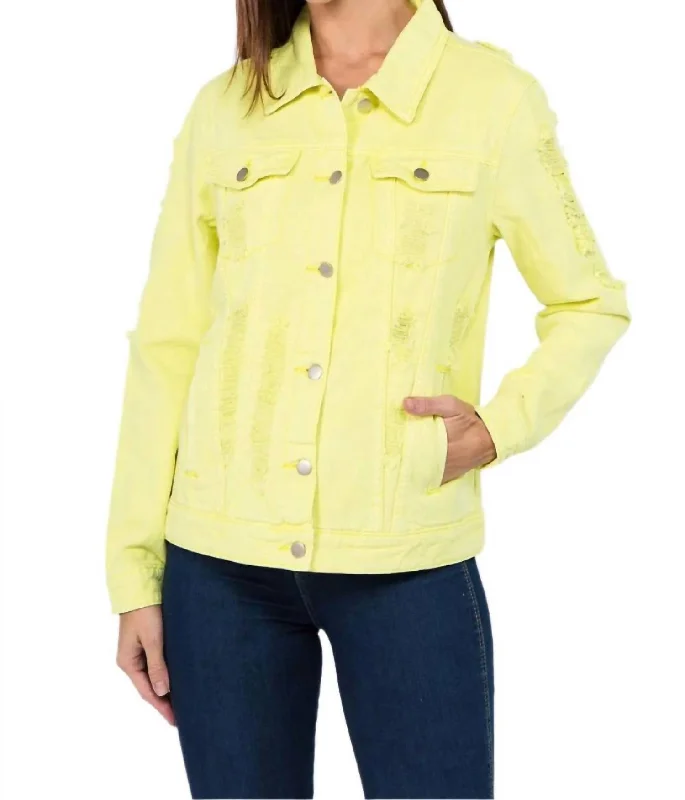 urban style cropped puffer jacket -Distressed Slim-Fit Denim Jacket In Lime/neon Yellow