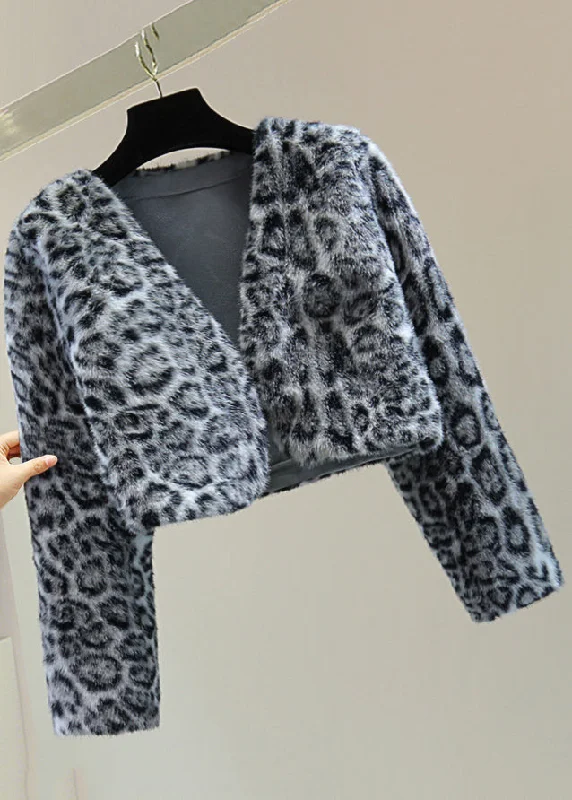 casual linen jacket for women -French Grey Print Fuzzy Fur Fluffy Coats Winter