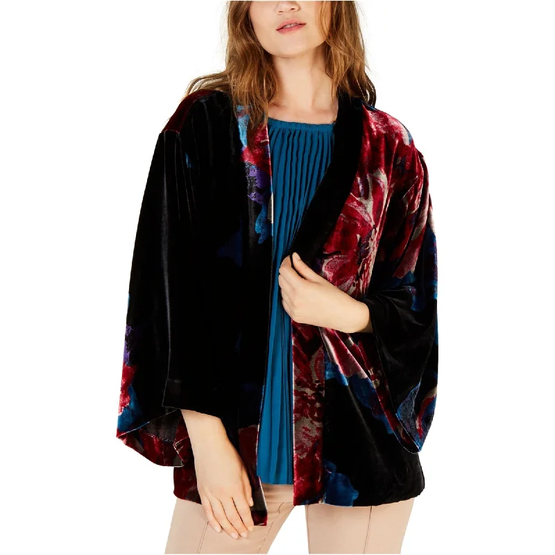 women's lightweight jacket -Trina Turk Womens Velour Printed Poncho Jacket, Black, Medium