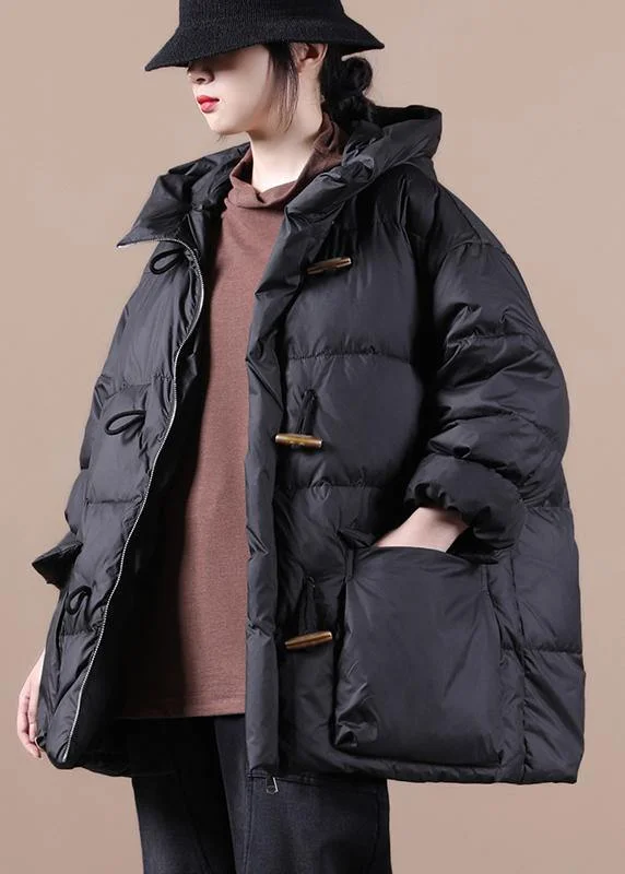 lightweight quilted jacket for women -Casual Loose Fitting Womens Parka Overcoat Black Hooded Pockets Cotton Coat