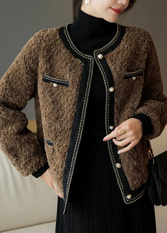 casual linen jacket for women -French Chocolate O-Neck Patchwork Button Faux Fur Coats Winter