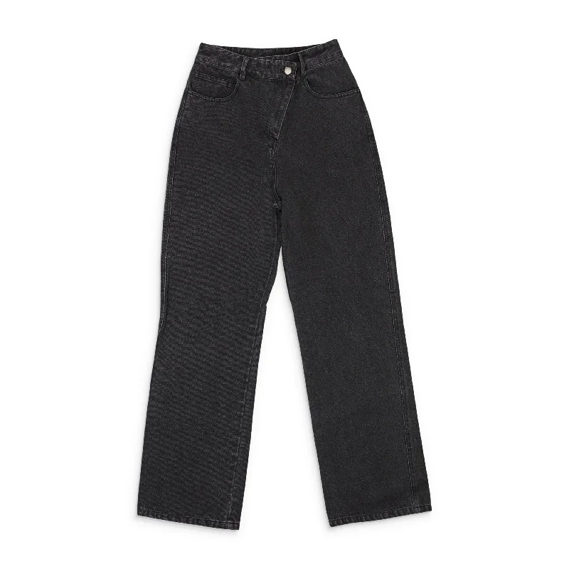 cropped kick-flare jeans for women -CALLIPYGIAN WASHED WIDE LEG SLANTED FLY BLACK WIDE-LEG JEANS