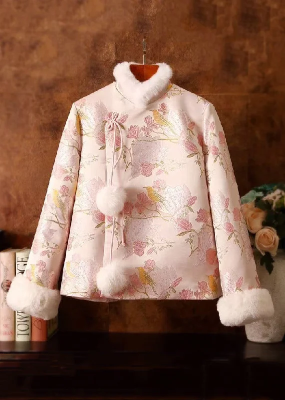 stylish longline coat for women -Jacquard Pink Fur Collar Fuzzy Ball Patchwork Duck Down Down Coats Winter