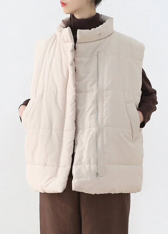 winter-ready women's parka -Loose Apricot Stand Collar Zippered Warm Thick Parka Waistcoat Winter