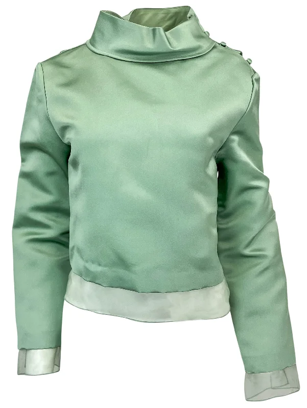 trendy drawstring hem top for ladies -Rosie Assoulin Pretty Pleats Turtleneck with Organza in Sage