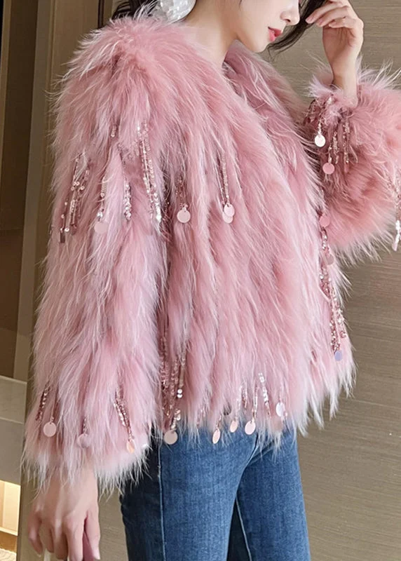 chic oversized blazer for women -Cute Pink O-Neck Tassel Leather And Fur Coats Winter