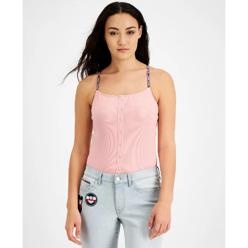 women's slouchy vintage-style jeans -Tommy Jeans Women's Ribbed Spaghetti Strap Bodysuit Pink Size X-Large - XL