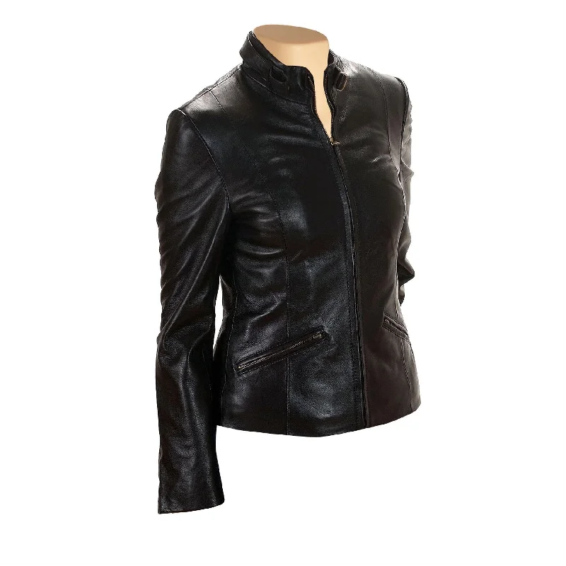 oversized women's coat -Women's Lidia Black Leather Jacket with Front Zipper