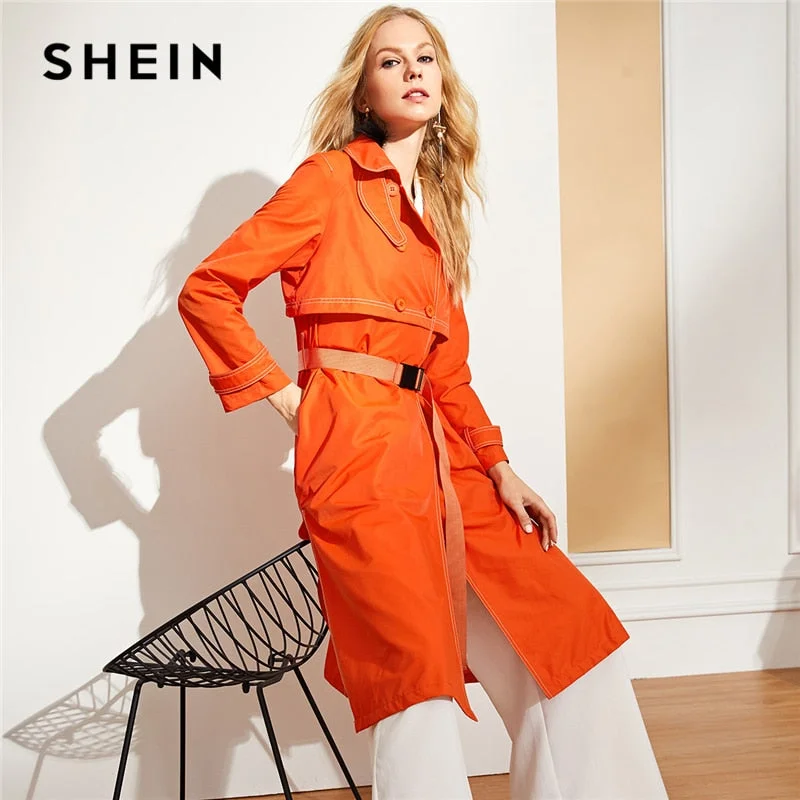 versatile trench coat for ladies -Orange Highstreet Workwear Button Front Notched Neck Belted Solid