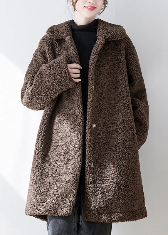 fitted wool blend coat for women -Loose Coffee Peter Pan Collar Pockets Button Faux Fur Coat Fall