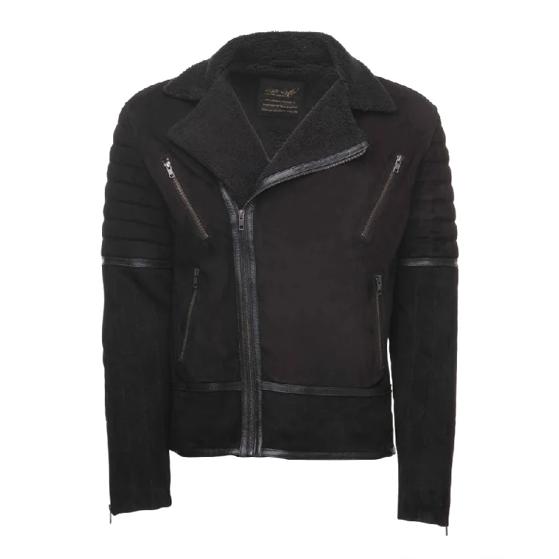 women's lightweight cargo jacket -David black suede biker jacket with sherpa