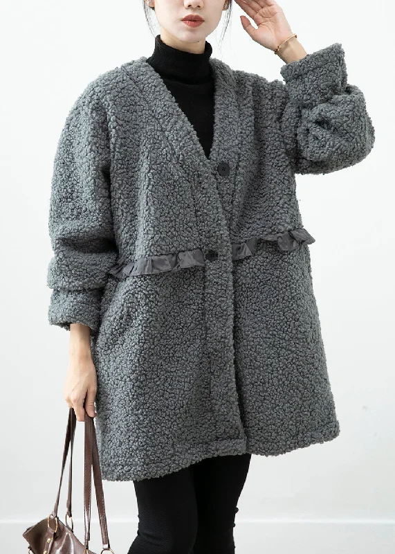 stylish knit jacket for women -Women Grey Ruffled Patchwork Faux Fur Coat Winter