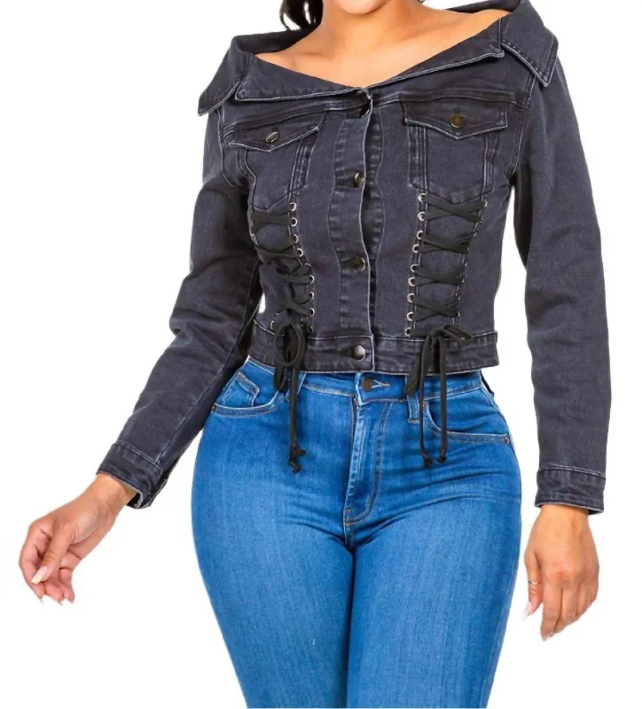 lightweight packable jacket for women -Chic Off Shoulder Lace Up Denim Jacket In Black