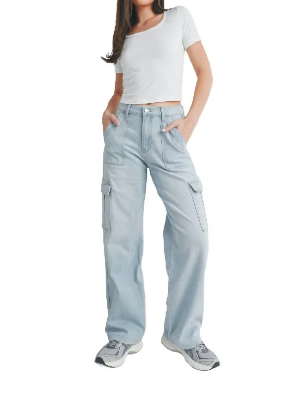 women's denim jogger pants -Lightweight Stretch Cargo Jeans In Light Denim