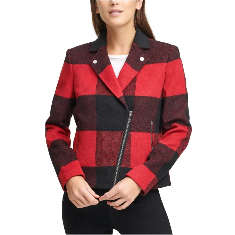 stylish leather jacket for women -DKNY Womens Plaid Motorcycle Jacket, Red, X-Small