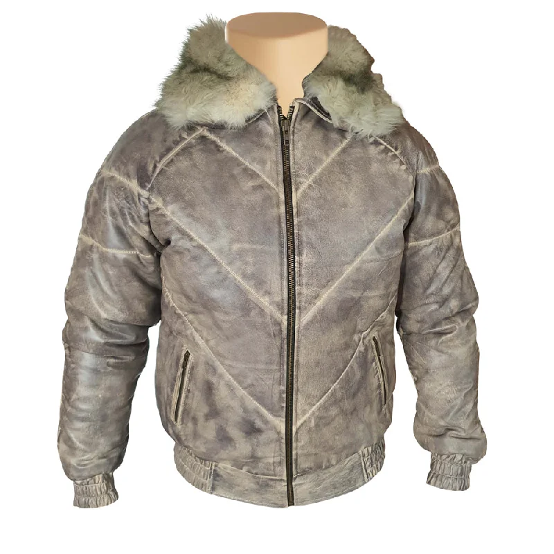 luxury designer winter coat for women -Casper's V-Bomber style Puffer Winter Leather Jacket with White Fox fur collar