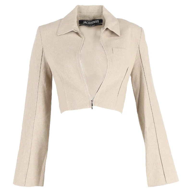 trendy plaid coat for women -Jacquemus La Veste Limao Cropped Jacket in Beige Linen