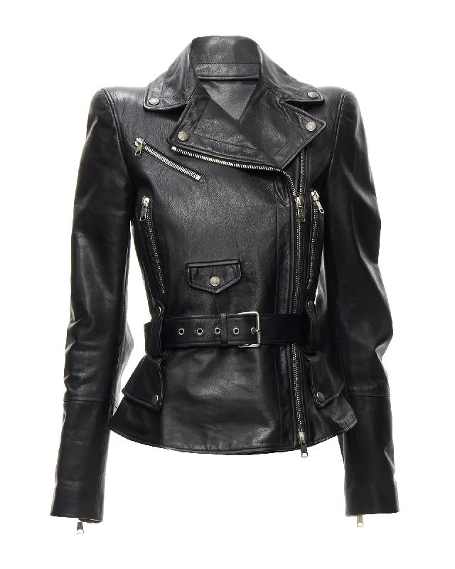 soft touch sherpa coat for women -new ALEXANDER MCQUEEN 2010 black leather belted peplum biker jacket