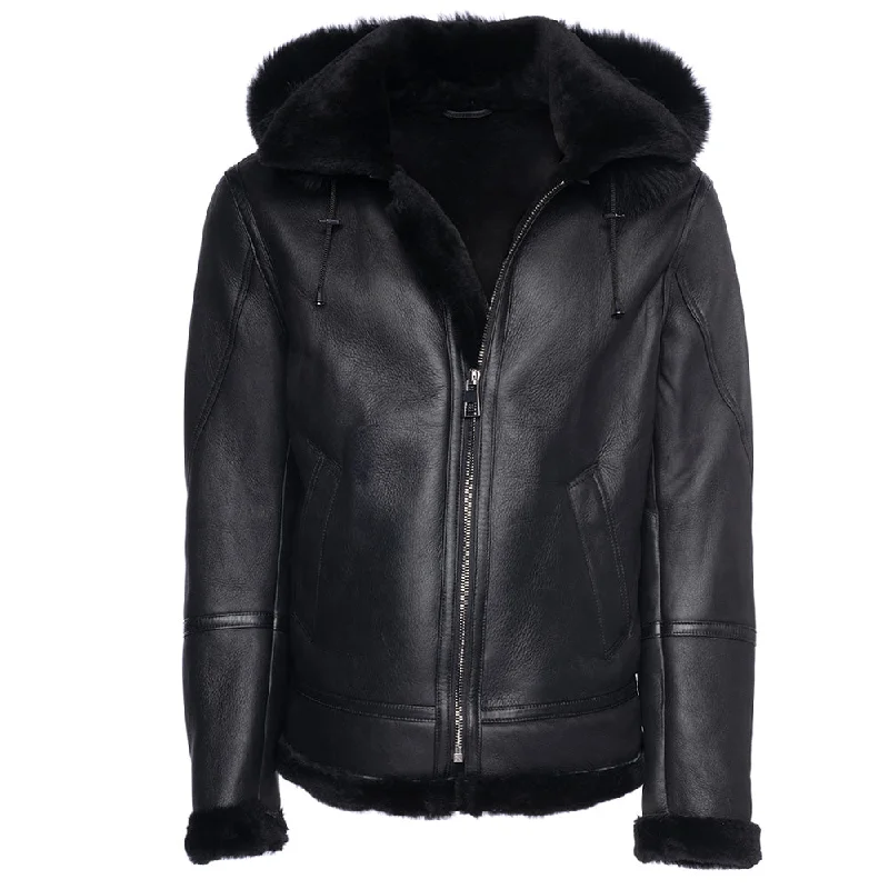 sophisticated evening coat for women -Felix black bomber shearling jacket with hoodie