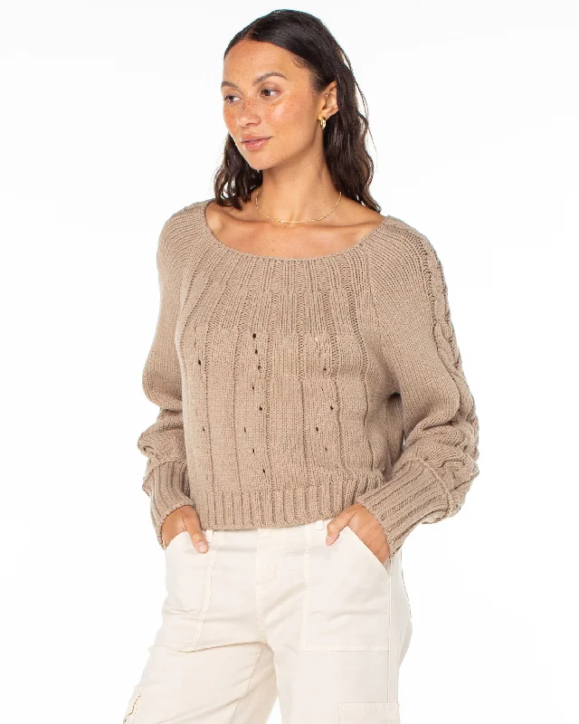 chic pleated detail top for ladies -Day Dream Boat Neck Sweater - Warm Taupe